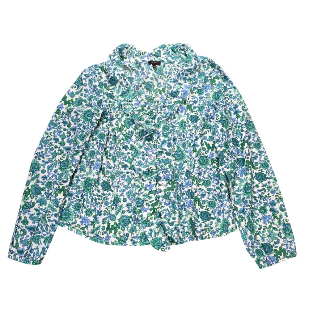 Talbots Floral Paisley Ruffle Blouse Women's Size S Green Blue Pleated Cotton